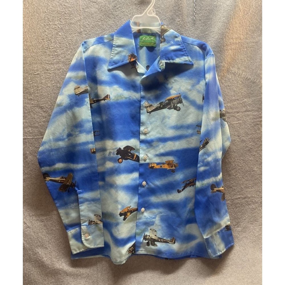 JOE NAMATH 1970s Vintage DISCO SHIRT M WW1 fighter Planes Clouds Design Blue SKY